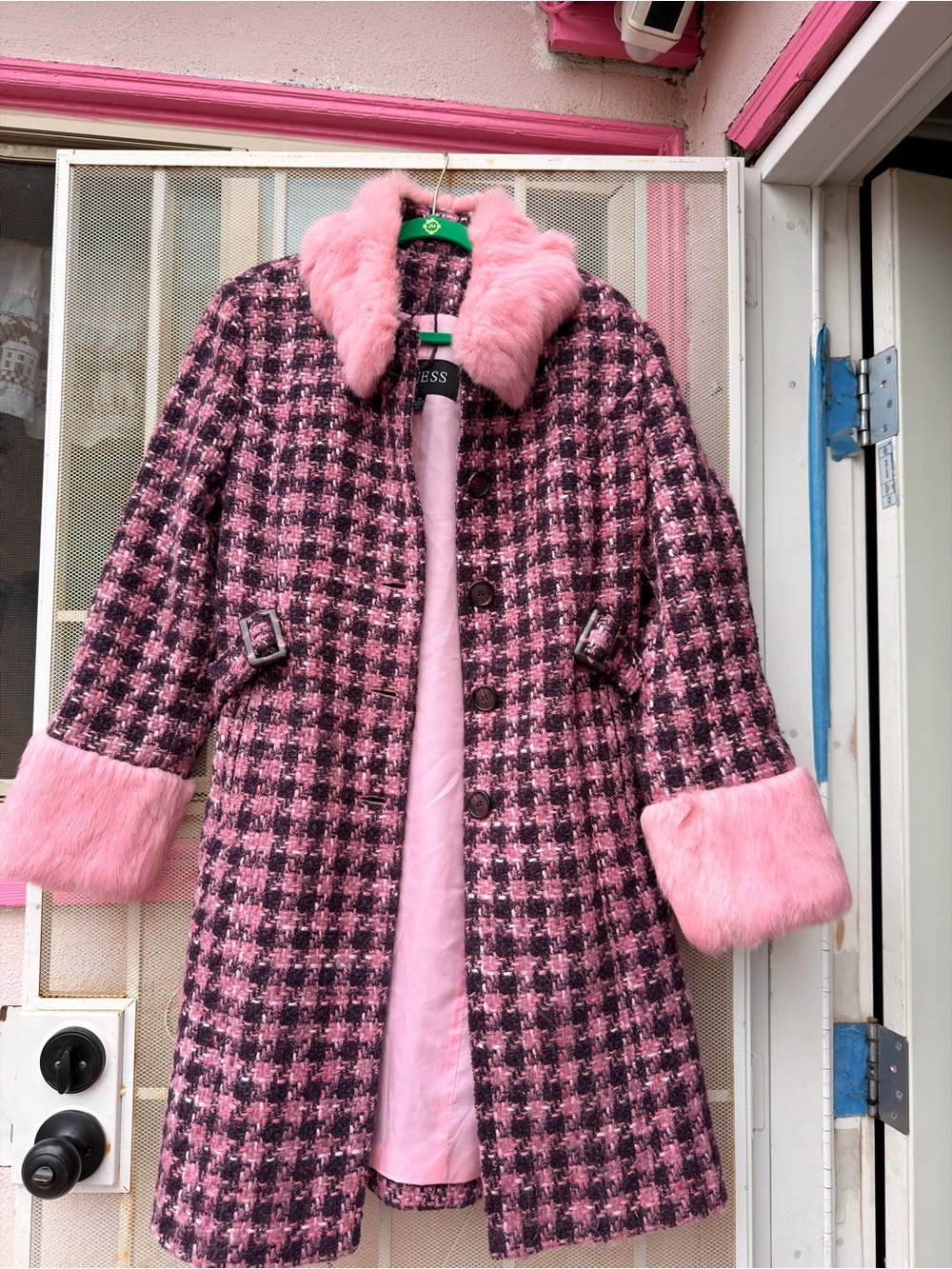 Guess Pink & Black Houndstooth Pea Coat with Pink Rabbit Fur Trim